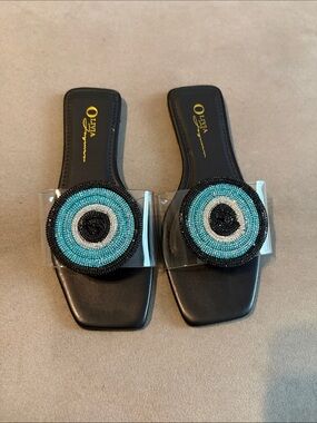Olivia Collection Black Slide Sandals with Turquoise Beaded Medallion